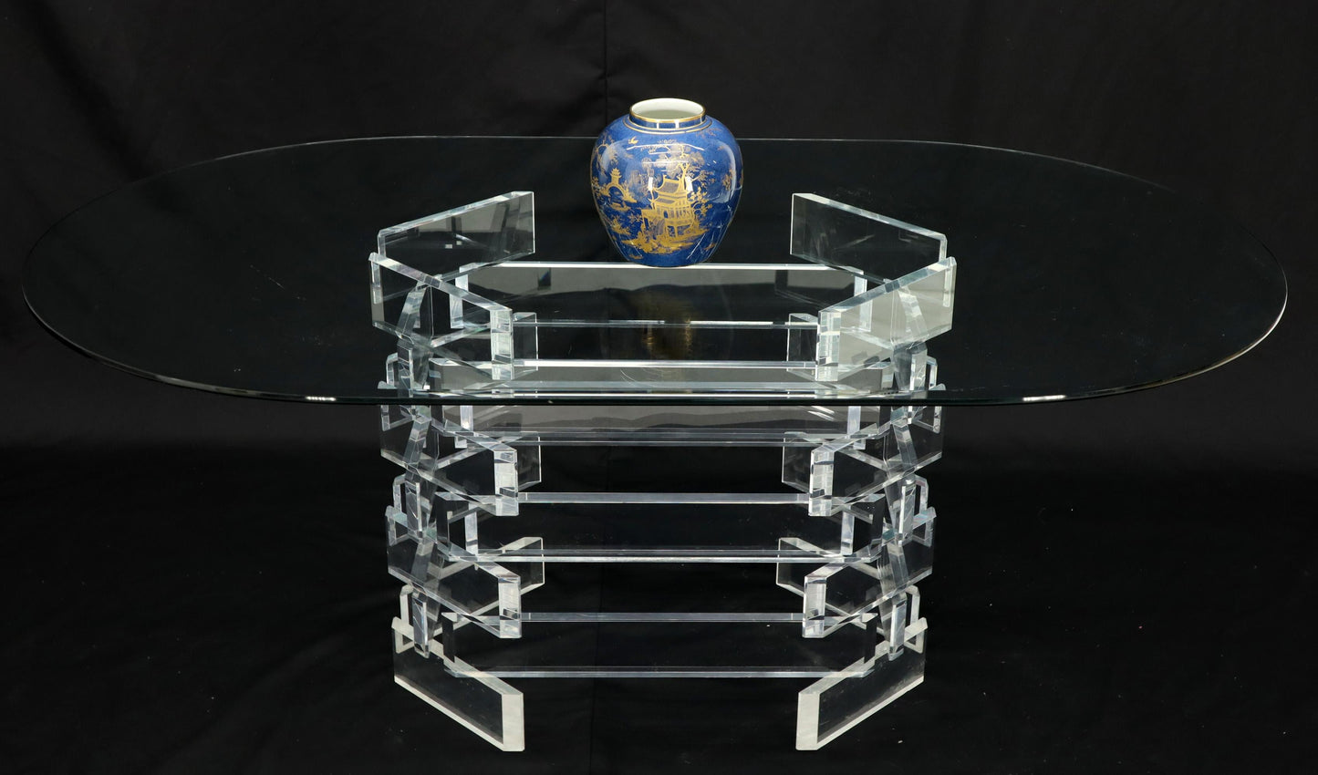 Racetrack Oval Glass Top Stacked Lucite Blocks Base Dining Table