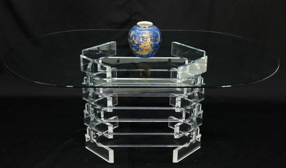 Racetrack Oval Glass Top Stacked Lucite Blocks Base Dining Table