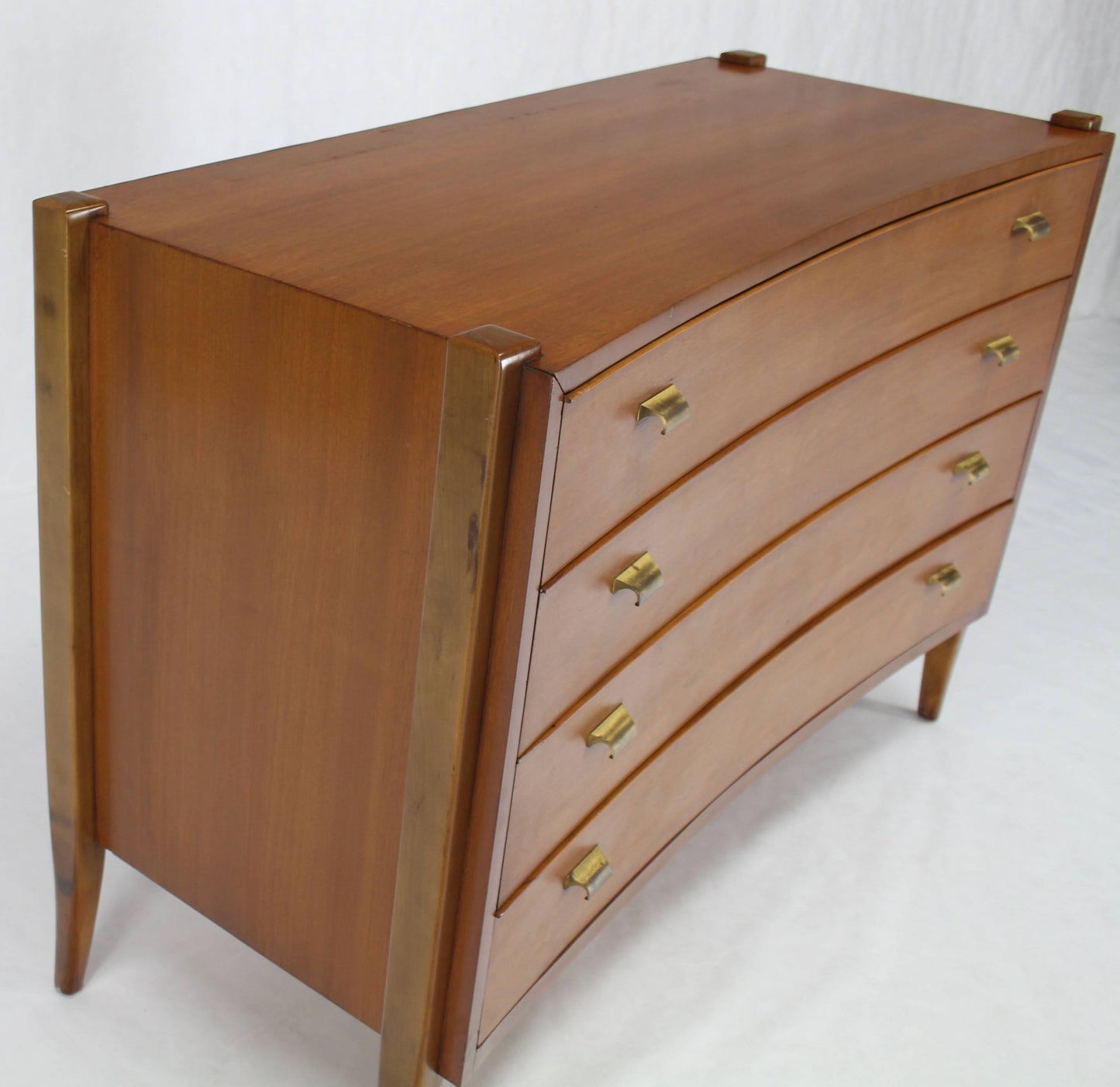 Bow Front Mid-Century Modern Bachelor Four Drawers Chest Dresser Brass Pulls