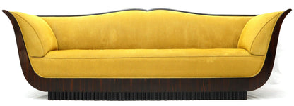 Large French Art Deco Rosewood Sofa in Gold Upholstery Scalloped Edge