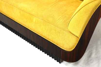 Large French Art Deco Rosewood Sofa in Gold Upholstery Scalloped Edge