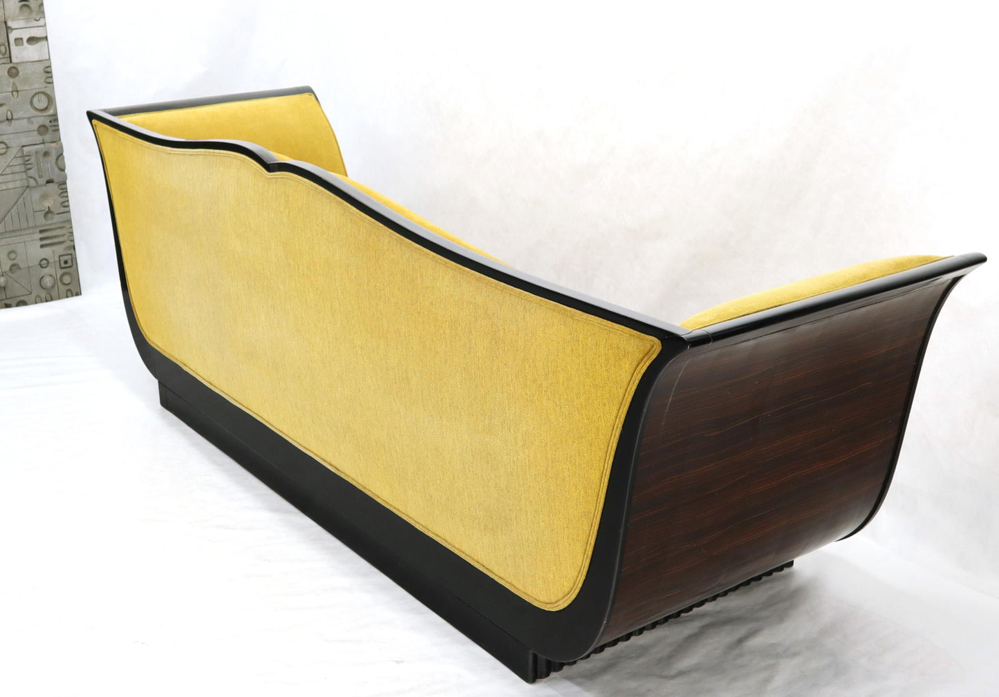 Large French Art Deco Rosewood Sofa in Gold Upholstery Scalloped Edge