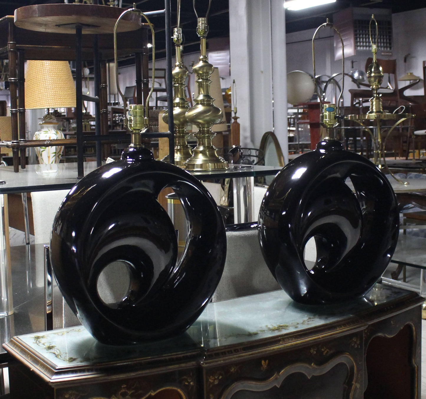 Pair of Black Glaze Pottery Mid-Century Modern Round Table Lamps