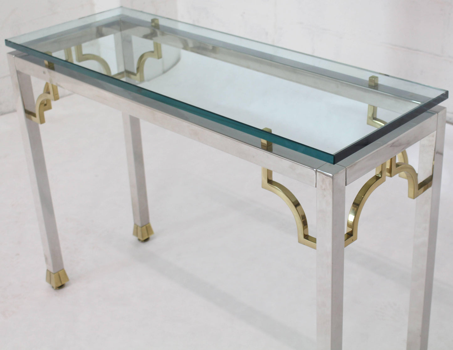 Chrome Brass Thick Glass Top Console Sofa Table