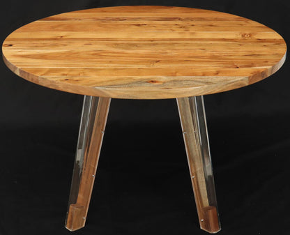 Round Solid Thick Oiled Teak Top Lucite Legs Dining Table