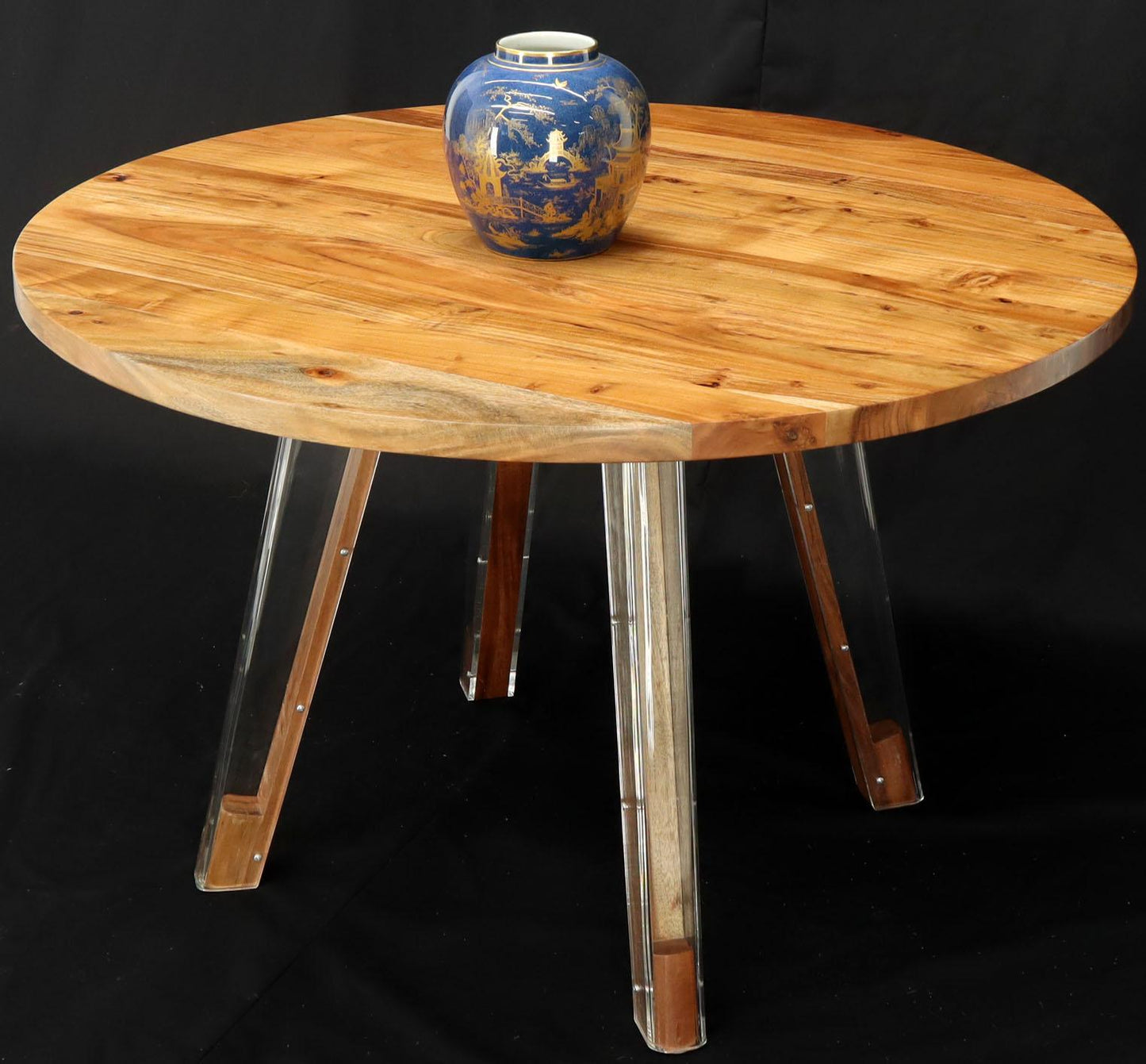 Round Solid Thick Oiled Teak Top Lucite Legs Dining Table