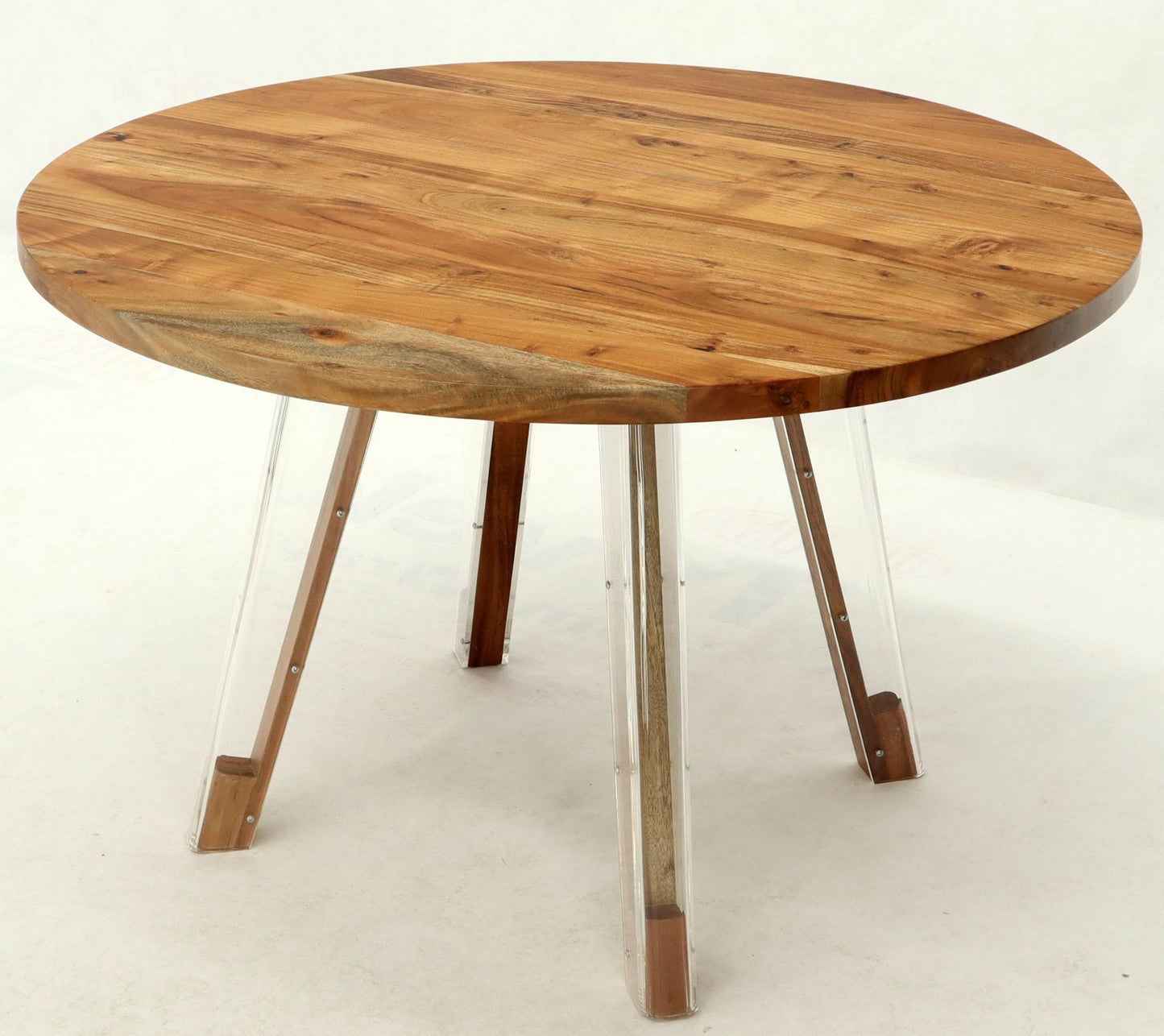 Round Solid Thick Oiled Teak Top Lucite Legs Dining Table