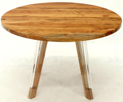 Round Solid Thick Oiled Teak Top Lucite Legs Dining Table