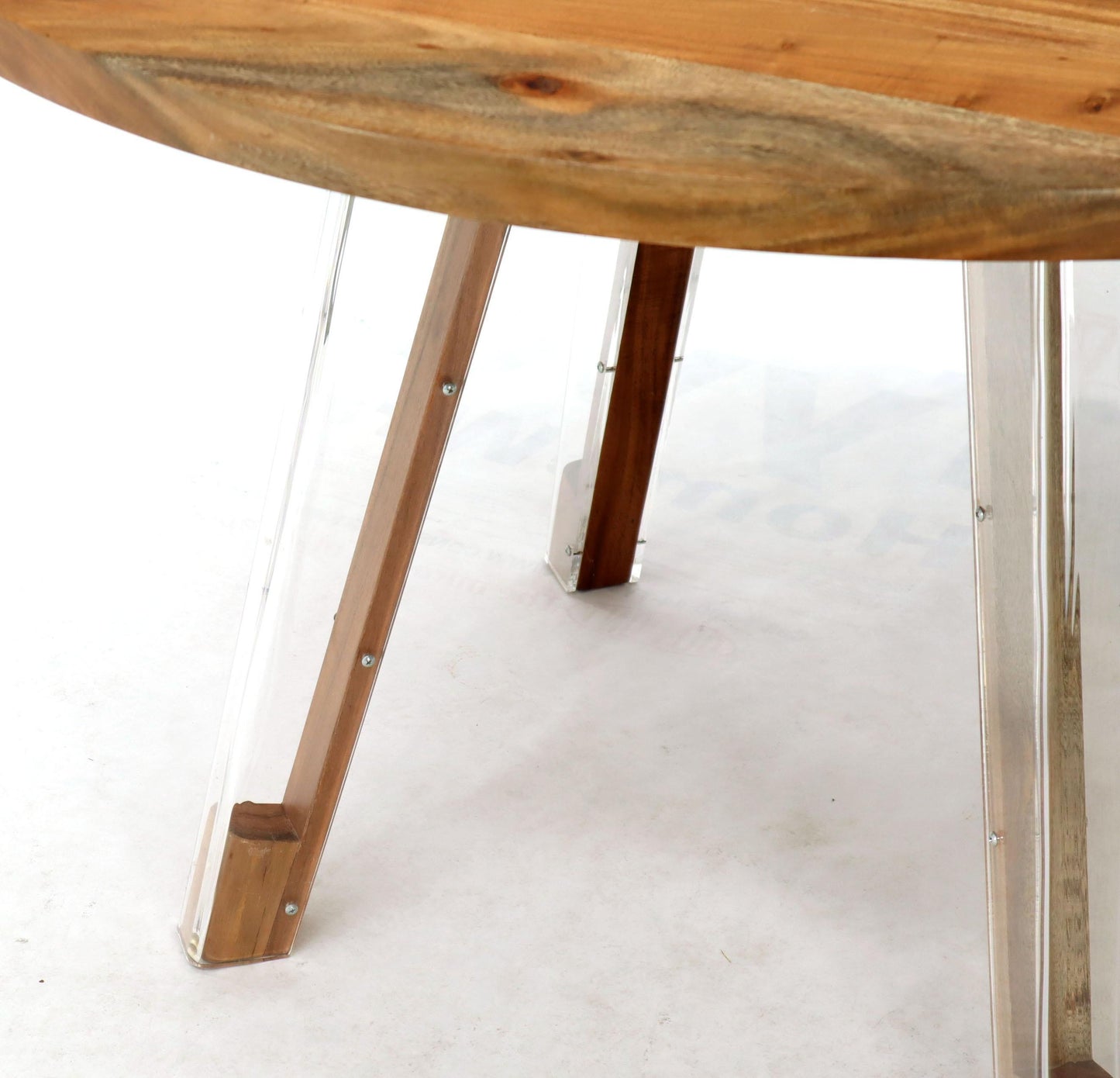 Round Solid Thick Oiled Teak Top Lucite Legs Dining Table