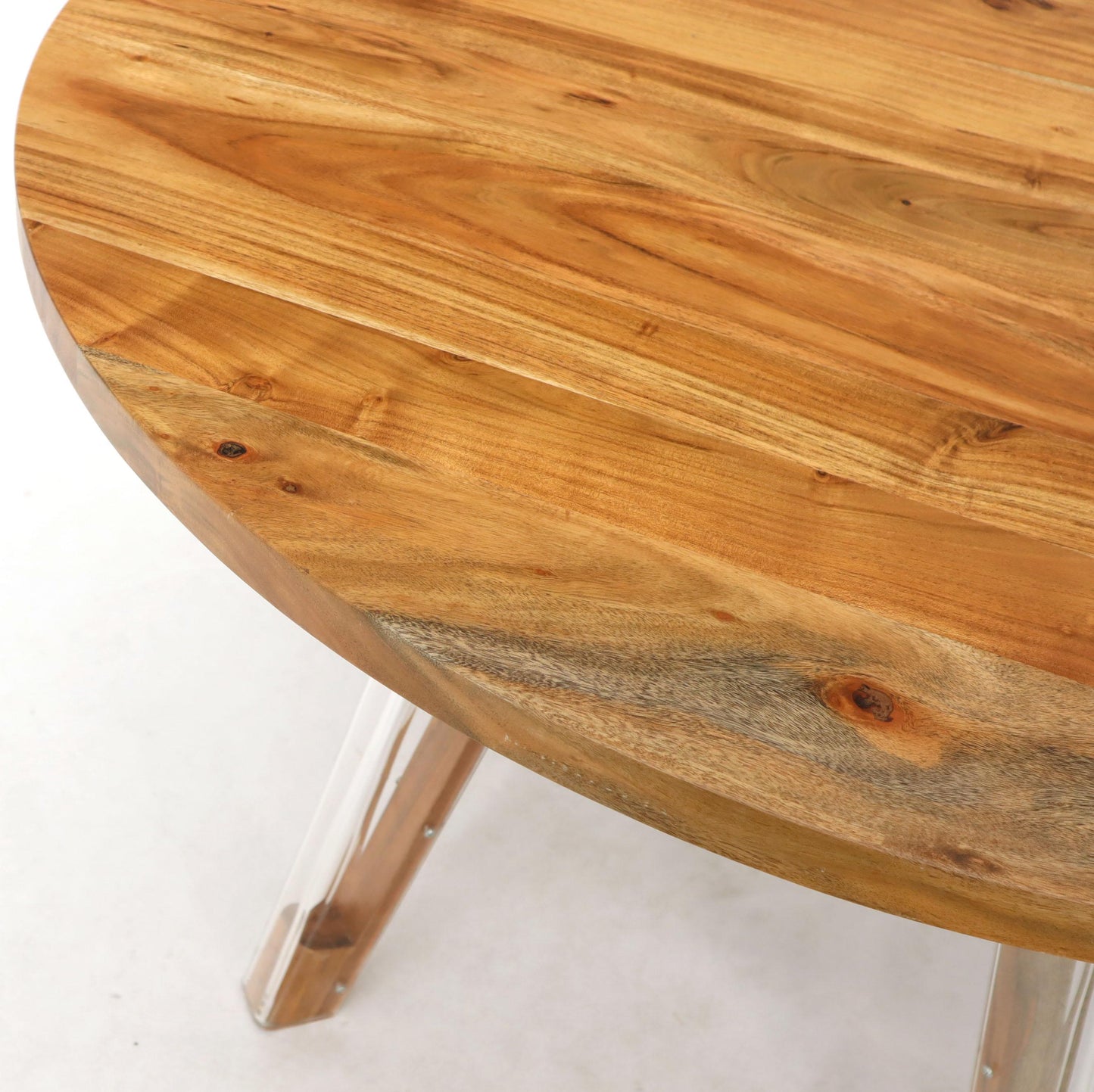 Round Solid Thick Oiled Teak Top Lucite Legs Dining Table