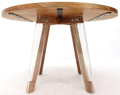 Round Solid Thick Oiled Teak Top Lucite Legs Dining Table