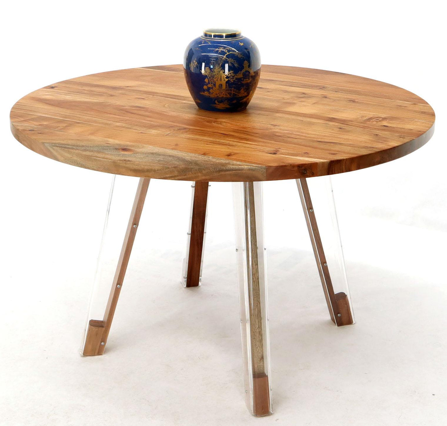 Round Solid Thick Oiled Teak Top Lucite Legs Dining Table