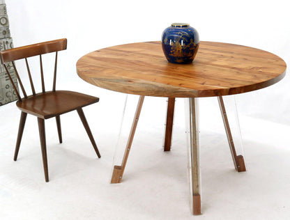 Round Solid Thick Oiled Teak Top Lucite Legs Dining Table