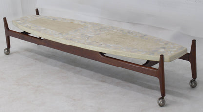 Long Surf Board Boat Shape Terrazzo Top Oiled Walnut Base Floating Top