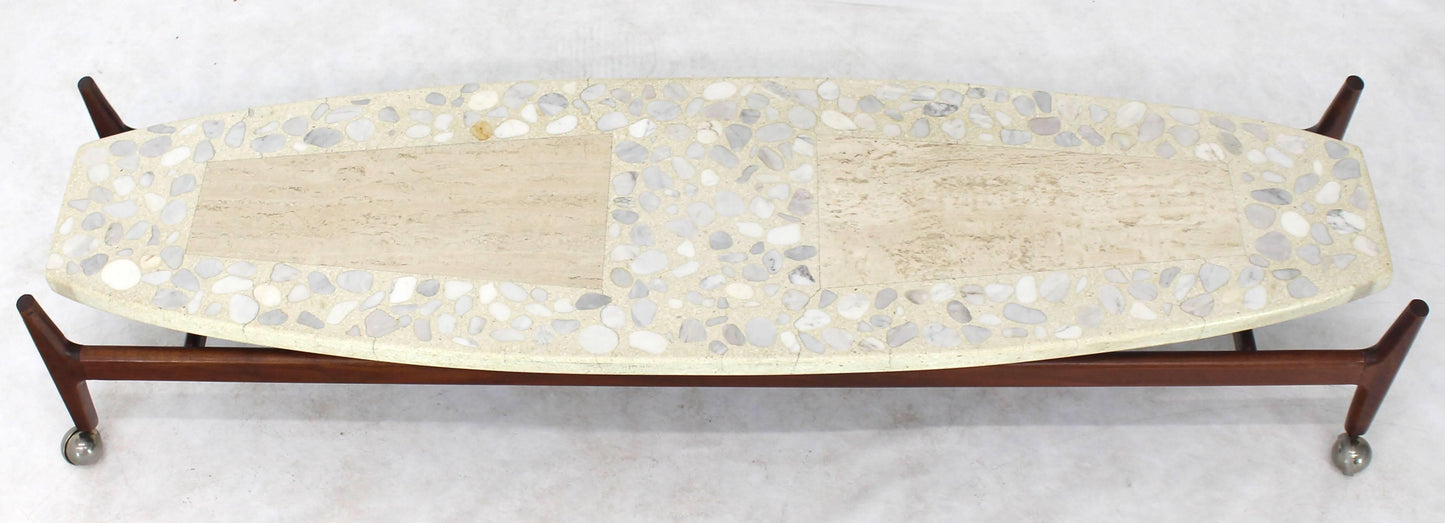 Long Surf Board Boat Shape Terrazzo Top Oiled Walnut Base Floating Top