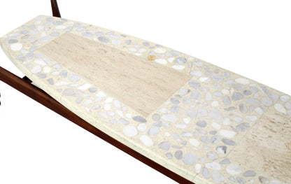 Long Surf Board Boat Shape Terrazzo Top Oiled Walnut Base Floating Top