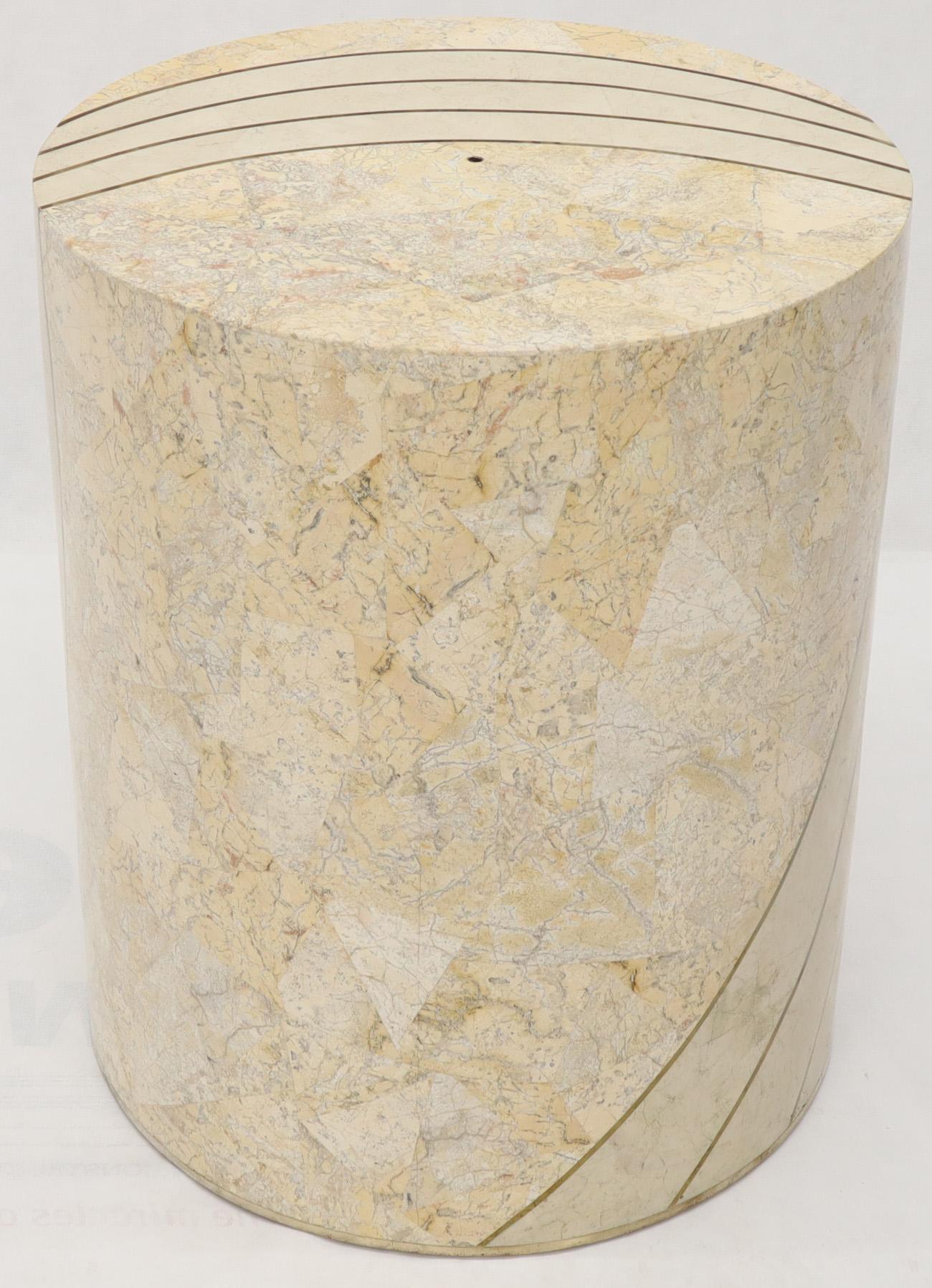 Large Cylinder Tessellated Stone Veneer Brass Inlay Dining Table Base Pedestal