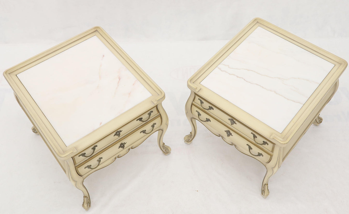 Pair of Country French Provincial End Side Tables Marble Tops