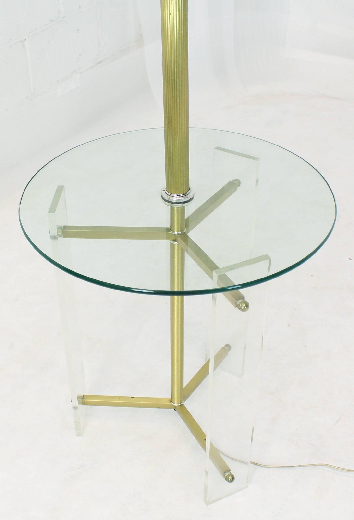 Brass and Lucite Tripod Leg Floor Lamp Glass Side Table