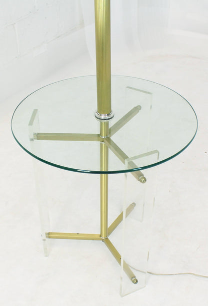 Brass and Lucite Tripod Leg Floor Lamp Glass Side Table