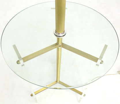 Brass and Lucite Tripod Leg Floor Lamp Glass Side Table