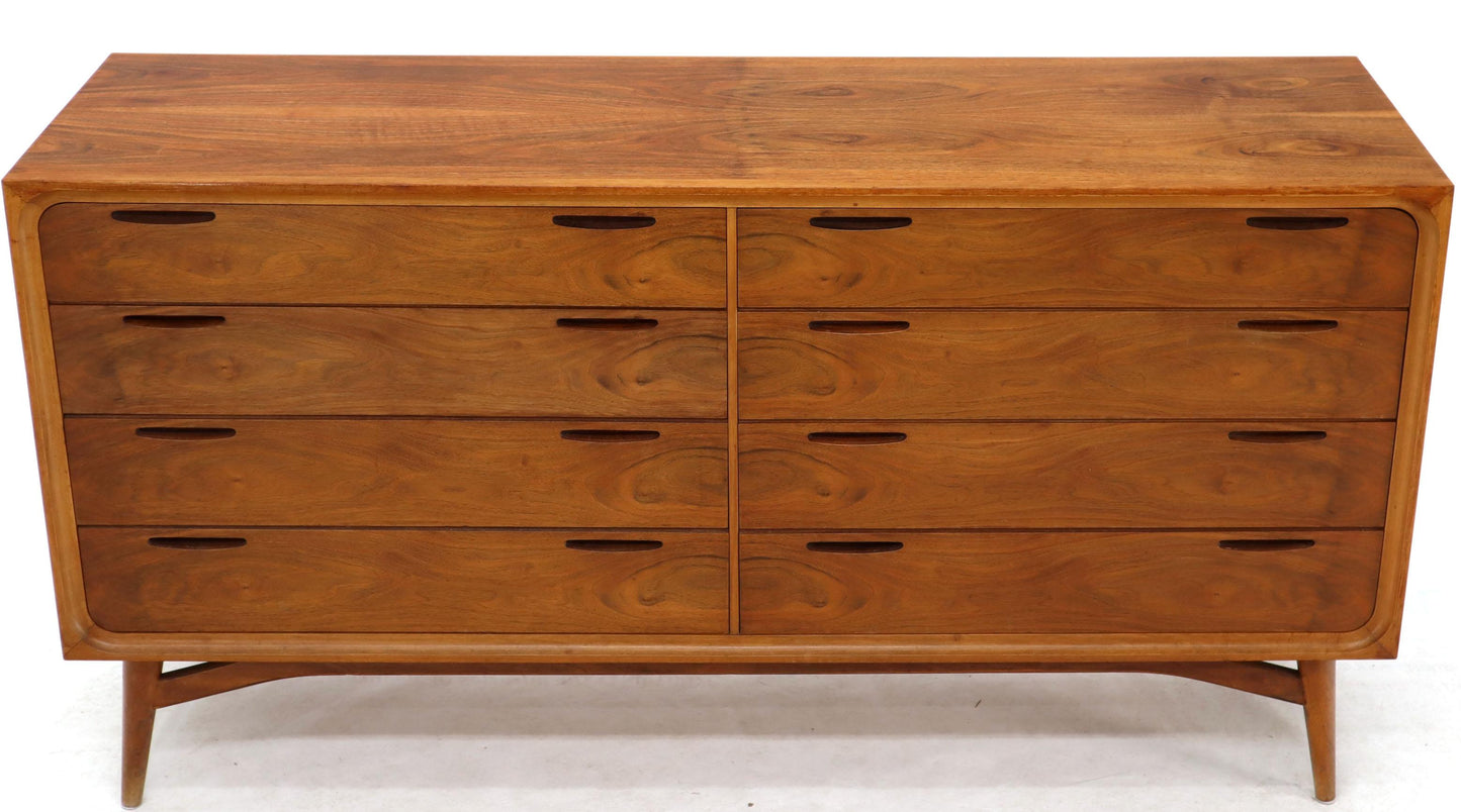 Eight Drawers Scandinavian Walnut Double Dresser on Tall Dowel Legs