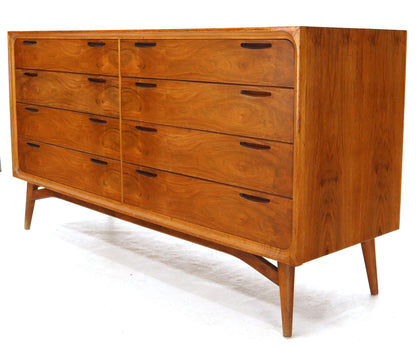 Eight Drawers Scandinavian Walnut Double Dresser on Tall Dowel Legs