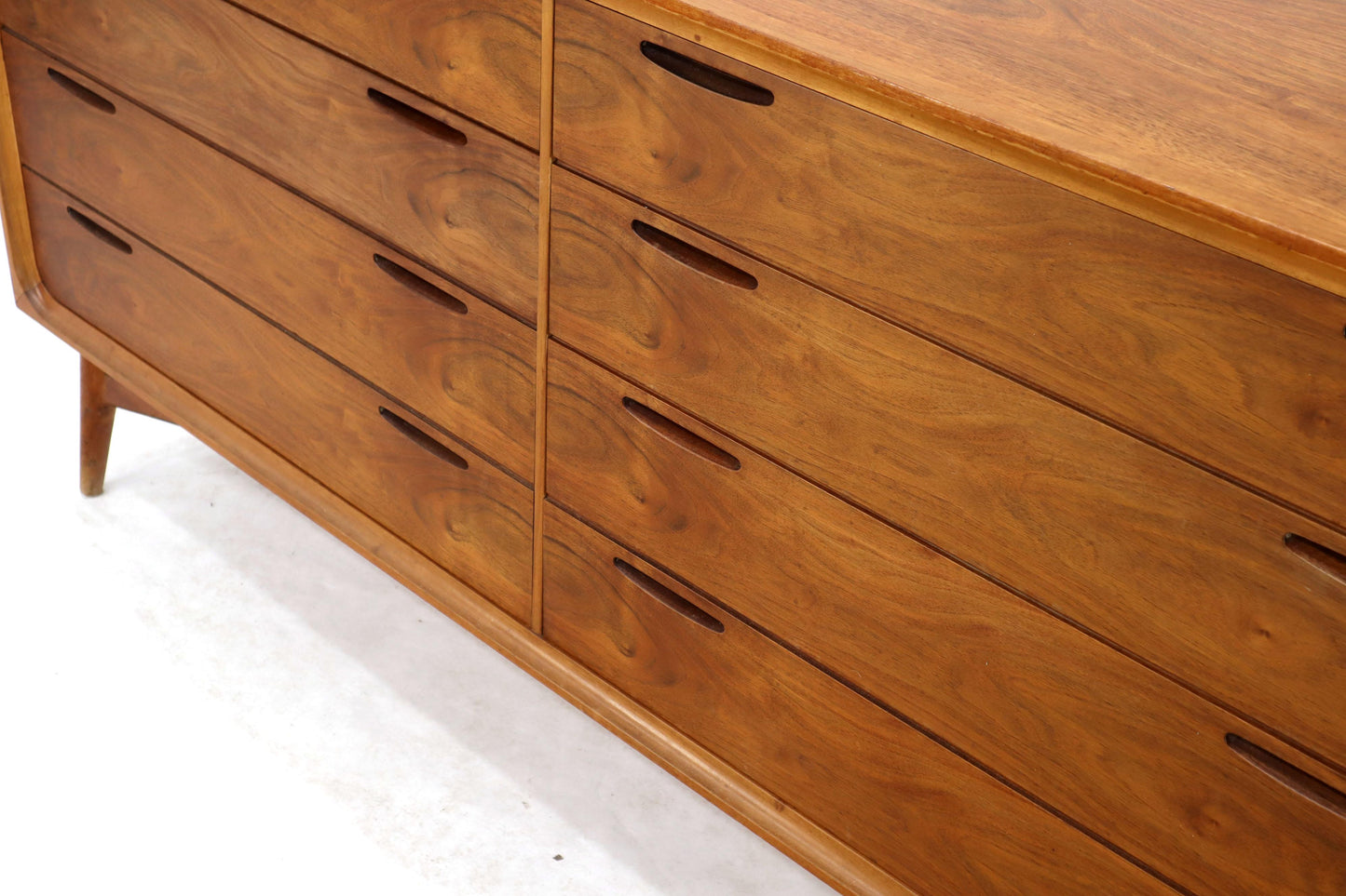 Eight Drawers Scandinavian Walnut Double Dresser on Tall Dowel Legs