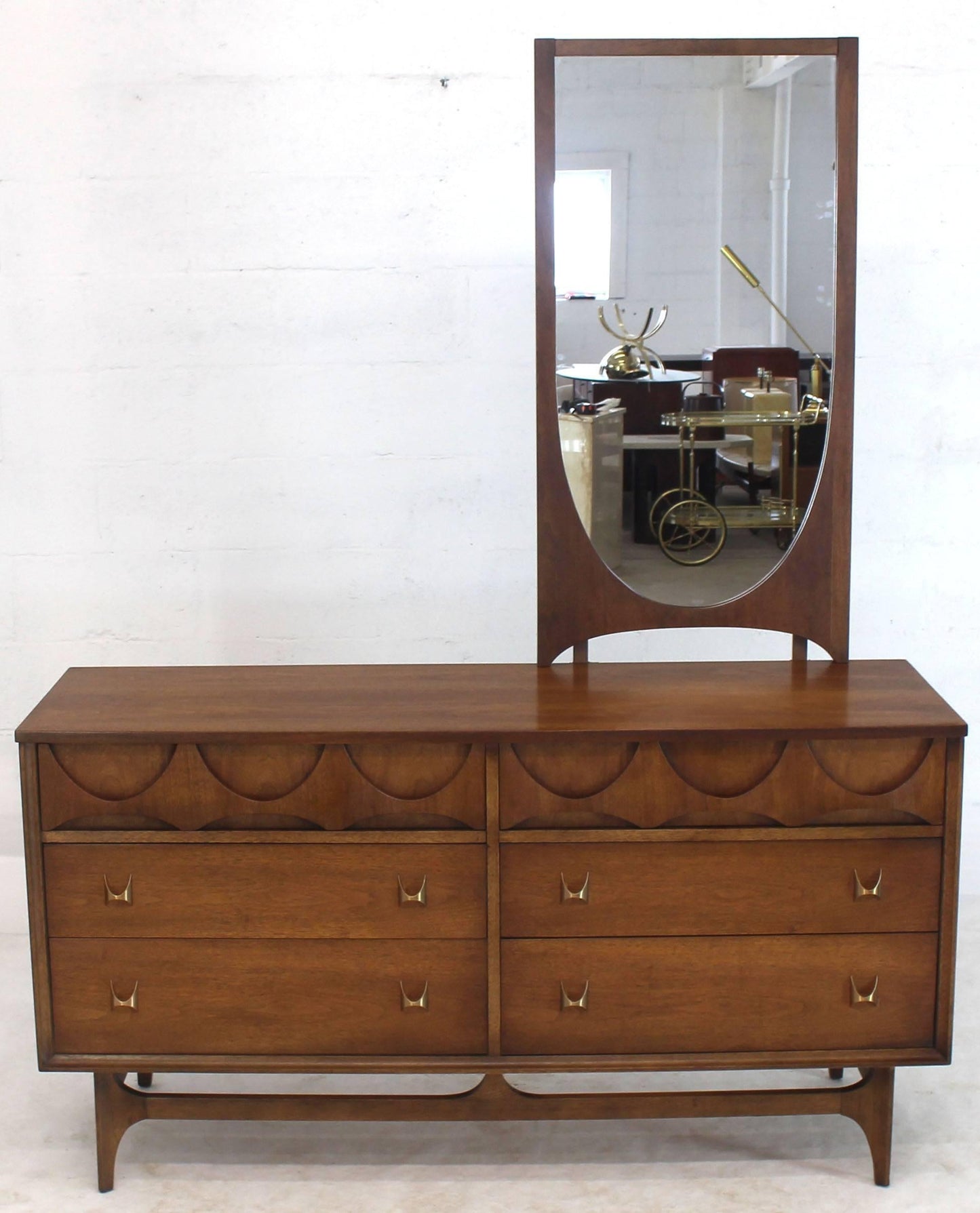 Walnut Sculpted Molded Plywood Drawers Dresser with Mirror