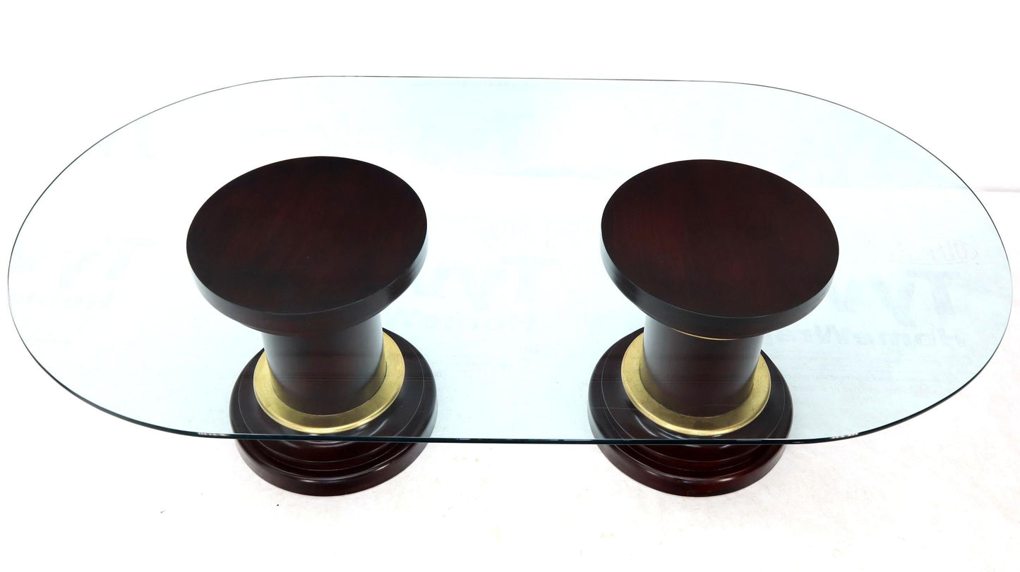 Large Oval Glass Top Two Round Turned Mahogany Pedestal Bases Dining Table