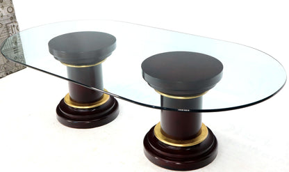 Large Oval Glass Top Two Round Turned Mahogany Pedestal Bases Dining Table