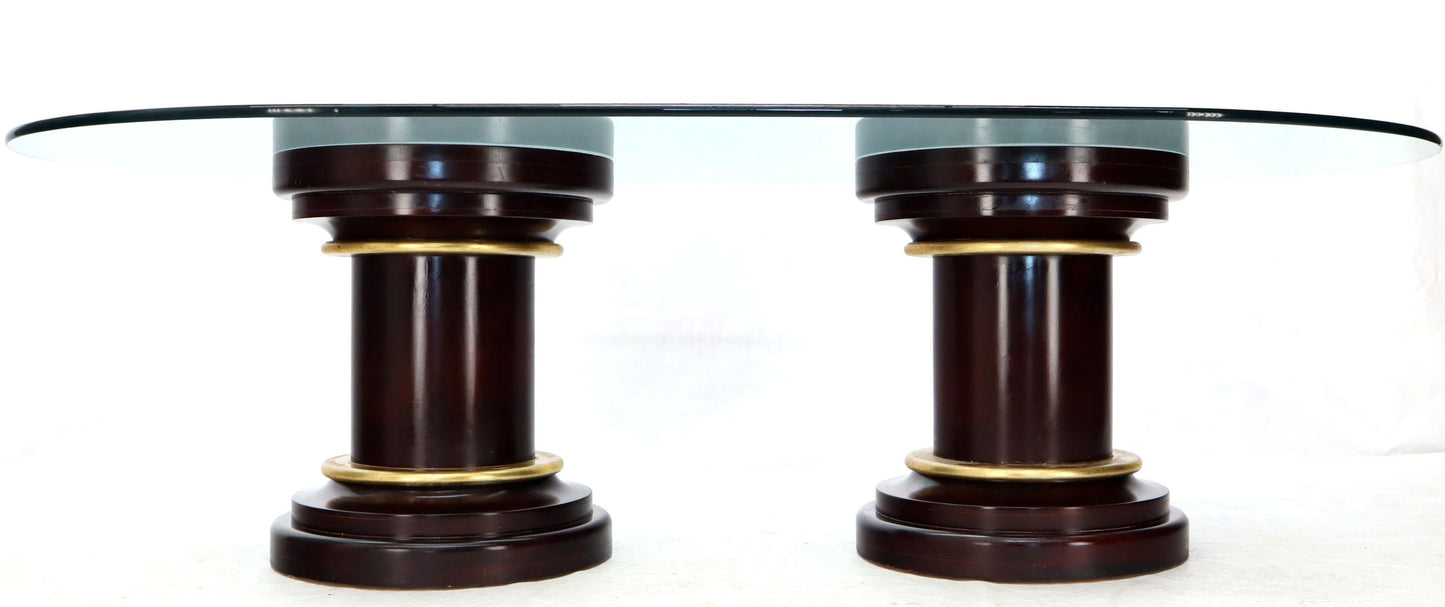 Large Oval Glass Top Two Round Turned Mahogany Pedestal Bases Dining Table