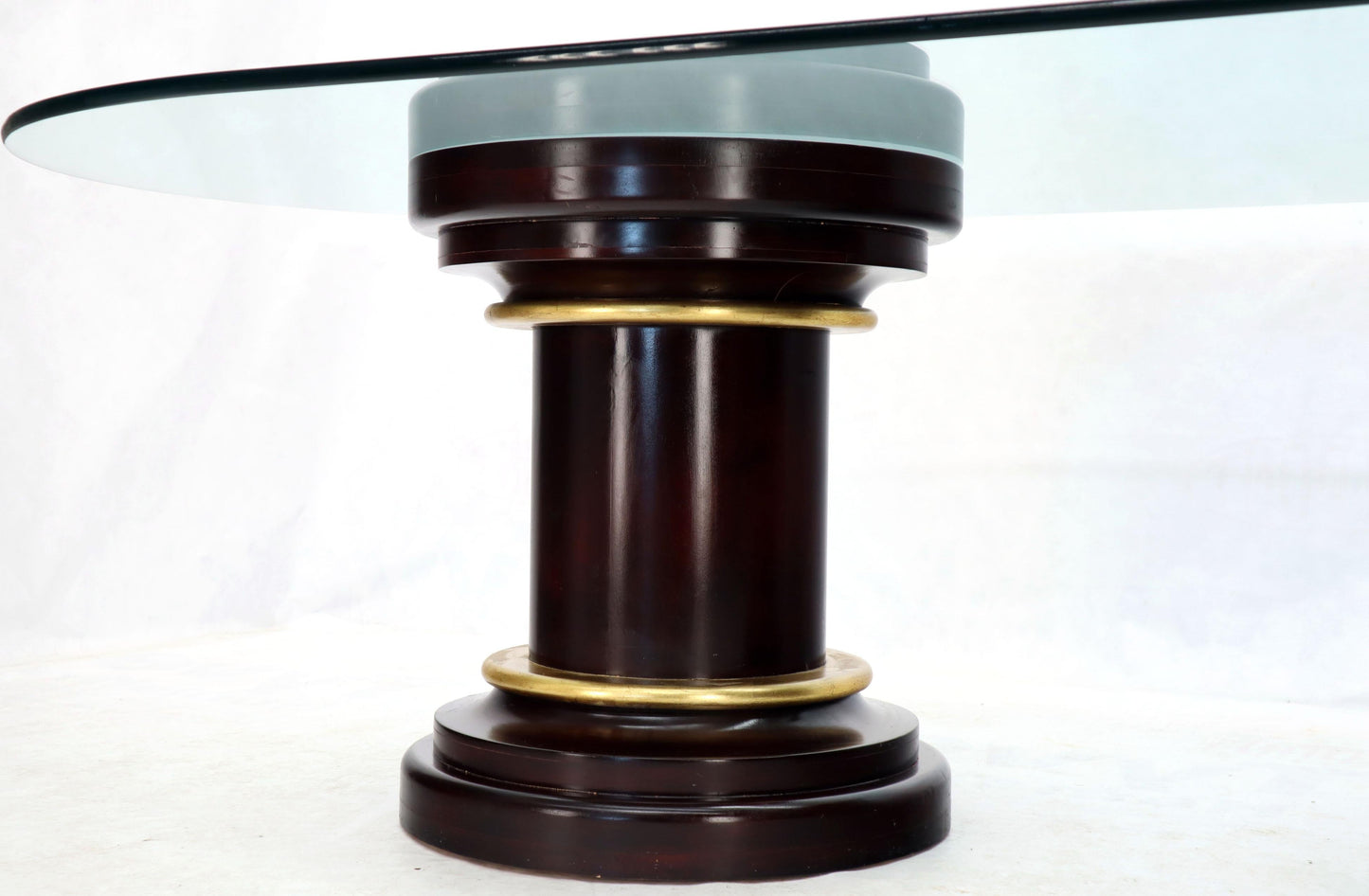 Large Oval Glass Top Two Round Turned Mahogany Pedestal Bases Dining Table