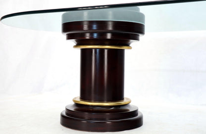 Large Oval Glass Top Two Round Turned Mahogany Pedestal Bases Dining Table