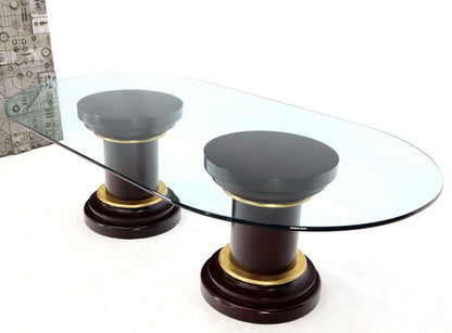 Large Oval Glass Top Two Round Turned Mahogany Pedestal Bases Dining Table