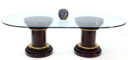 Large Oval Glass Top Two Round Turned Mahogany Pedestal Bases Dining Table