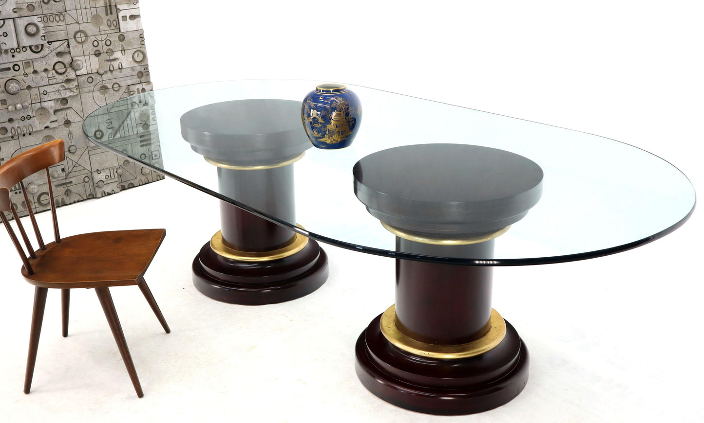 Large Oval Glass Top Two Round Turned Mahogany Pedestal Bases Dining Table