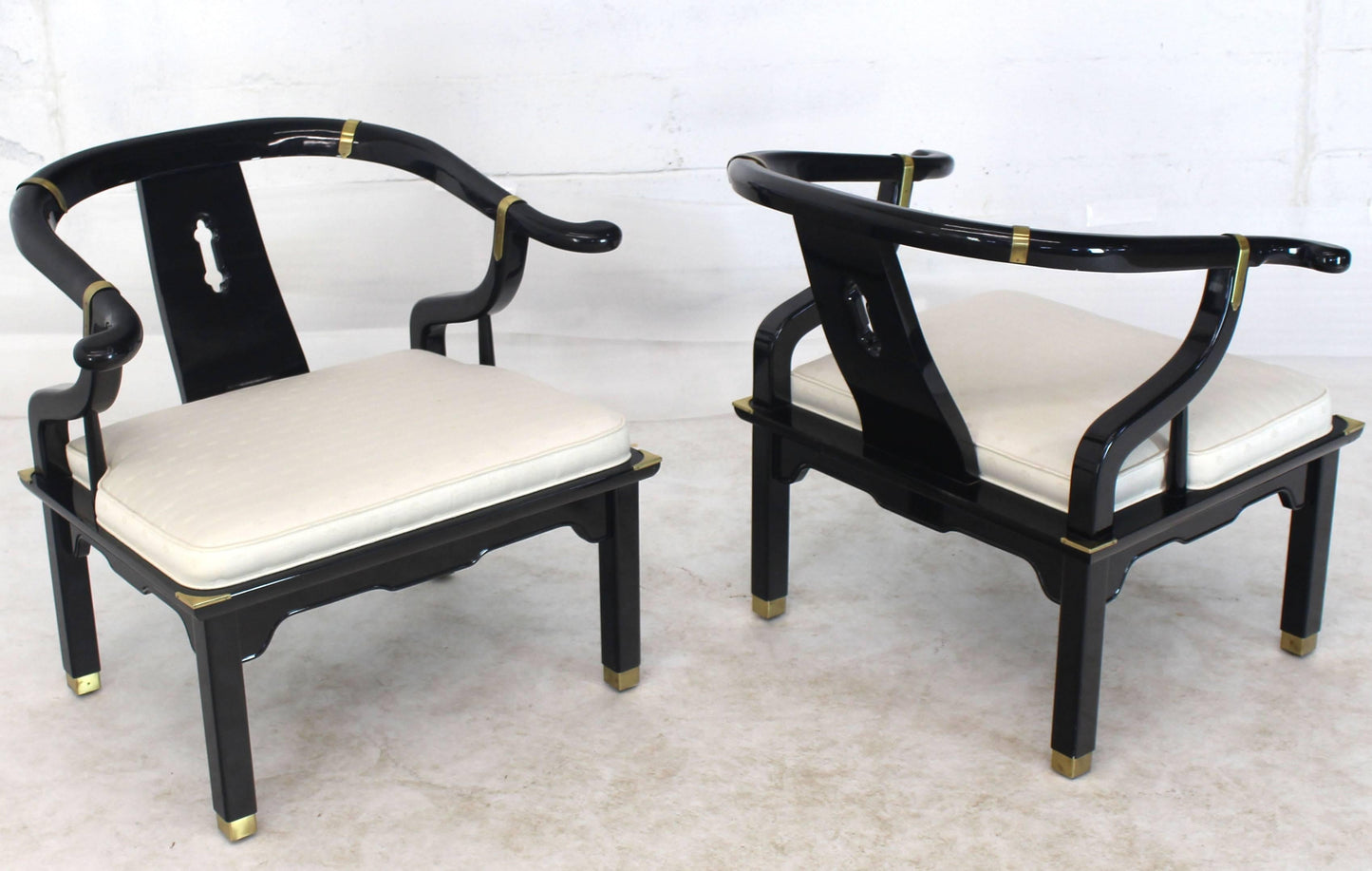 Pair of Black Lacquer Brass Hardware Horse Shoe Barrel Back Lounge Chairs