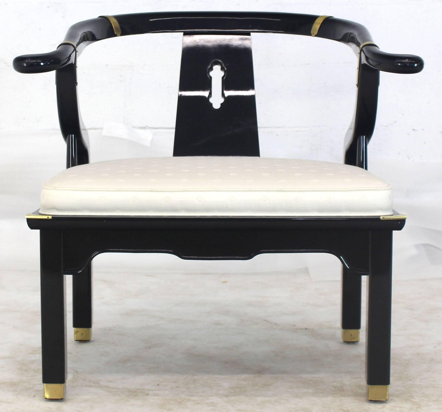 Pair of Black Lacquer Brass Hardware Horse Shoe Barrel Back Lounge Chairs