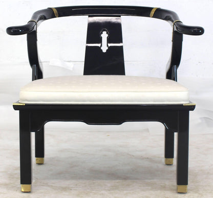 Pair of Black Lacquer Brass Hardware Horse Shoe Barrel Back Lounge Chairs