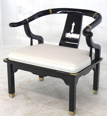 Pair of Black Lacquer Brass Hardware Horse Shoe Barrel Back Lounge Chairs