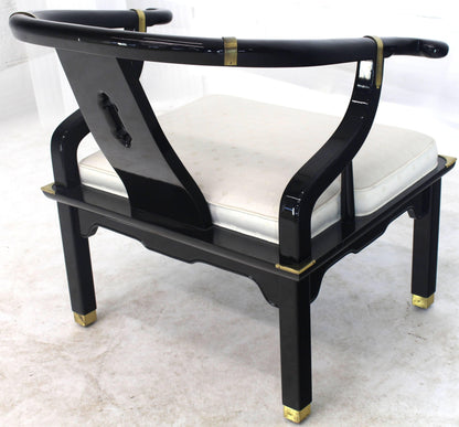 Pair of Black Lacquer Brass Hardware Horse Shoe Barrel Back Lounge Chairs