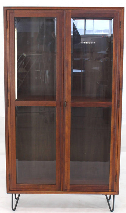 Mid-Century Modern Tall Oiled Walnut Two Doors Beveled Glass Bookcase Cabinet