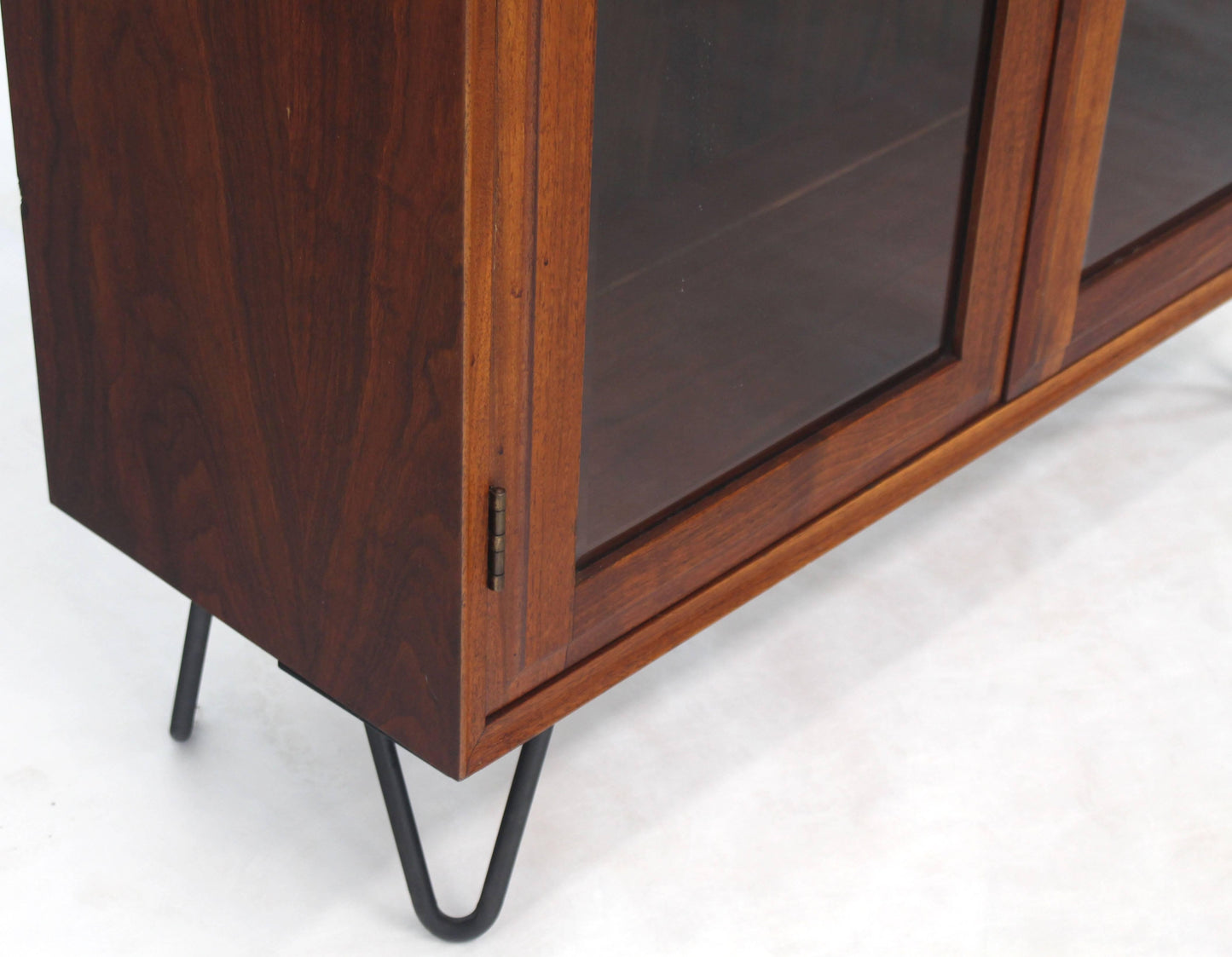 Mid-Century Modern Tall Oiled Walnut Two Doors Beveled Glass Bookcase Cabinet