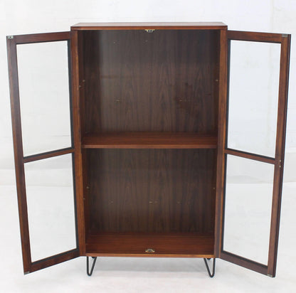 Mid-Century Modern Tall Oiled Walnut Two Doors Beveled Glass Bookcase Cabinet