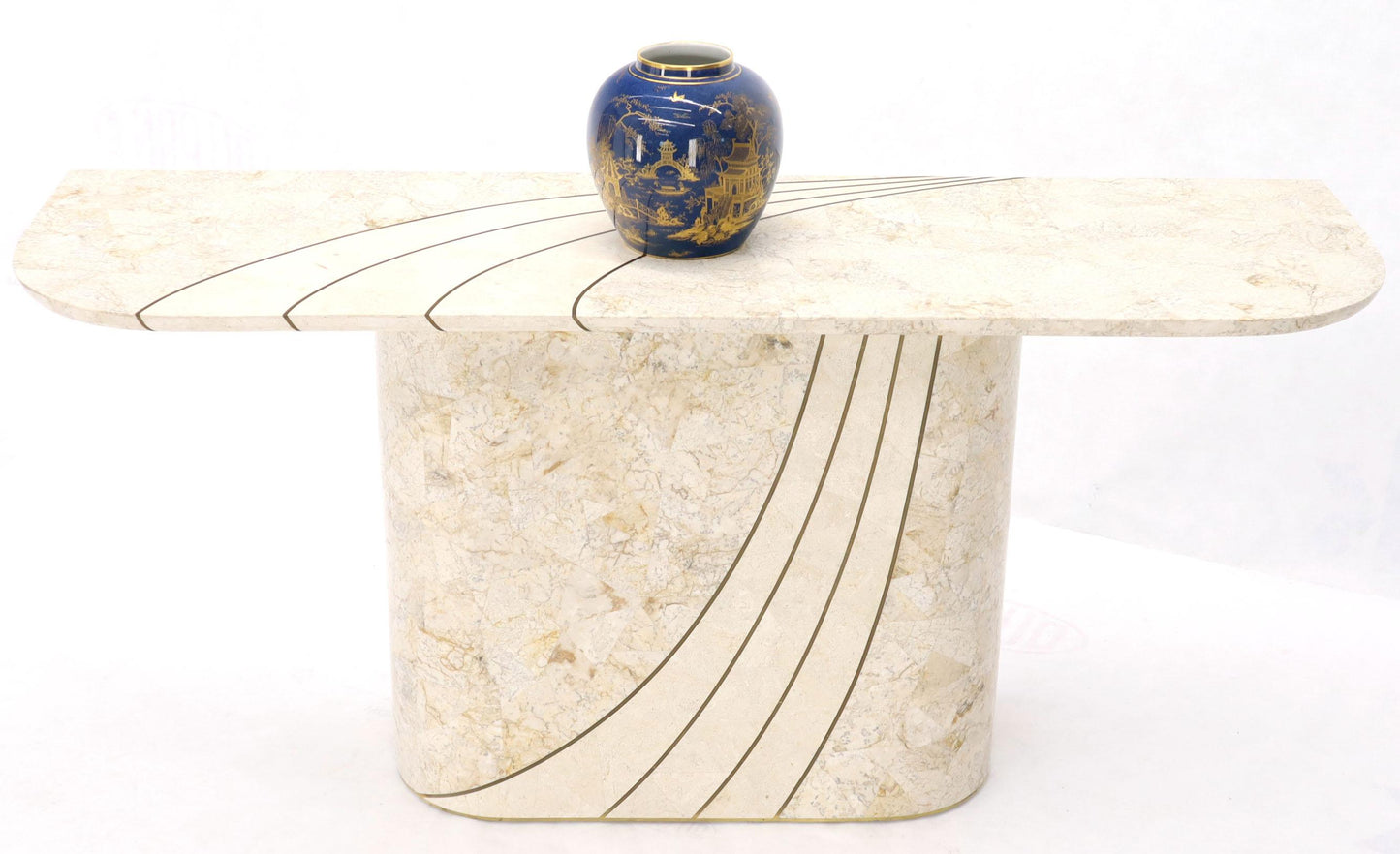 Tessellated Stone Veneer Tile Brass Inlay Pedestal Base Console Sofa Table