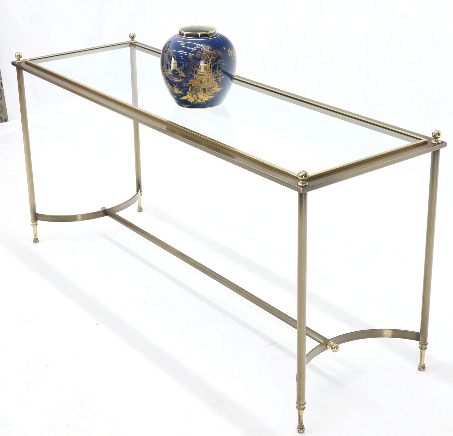 Midcentury Two-Tone Metal Brass and Steel Arch Stretcher Console Sofa Table