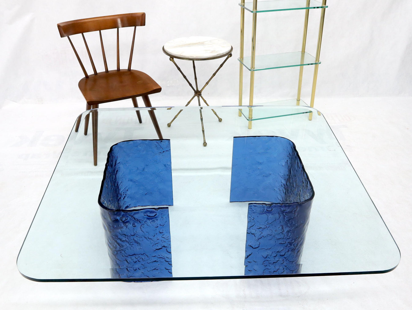 Large Blue Molten & Bent Glass C-Shape Base Glass Top Coffee Table