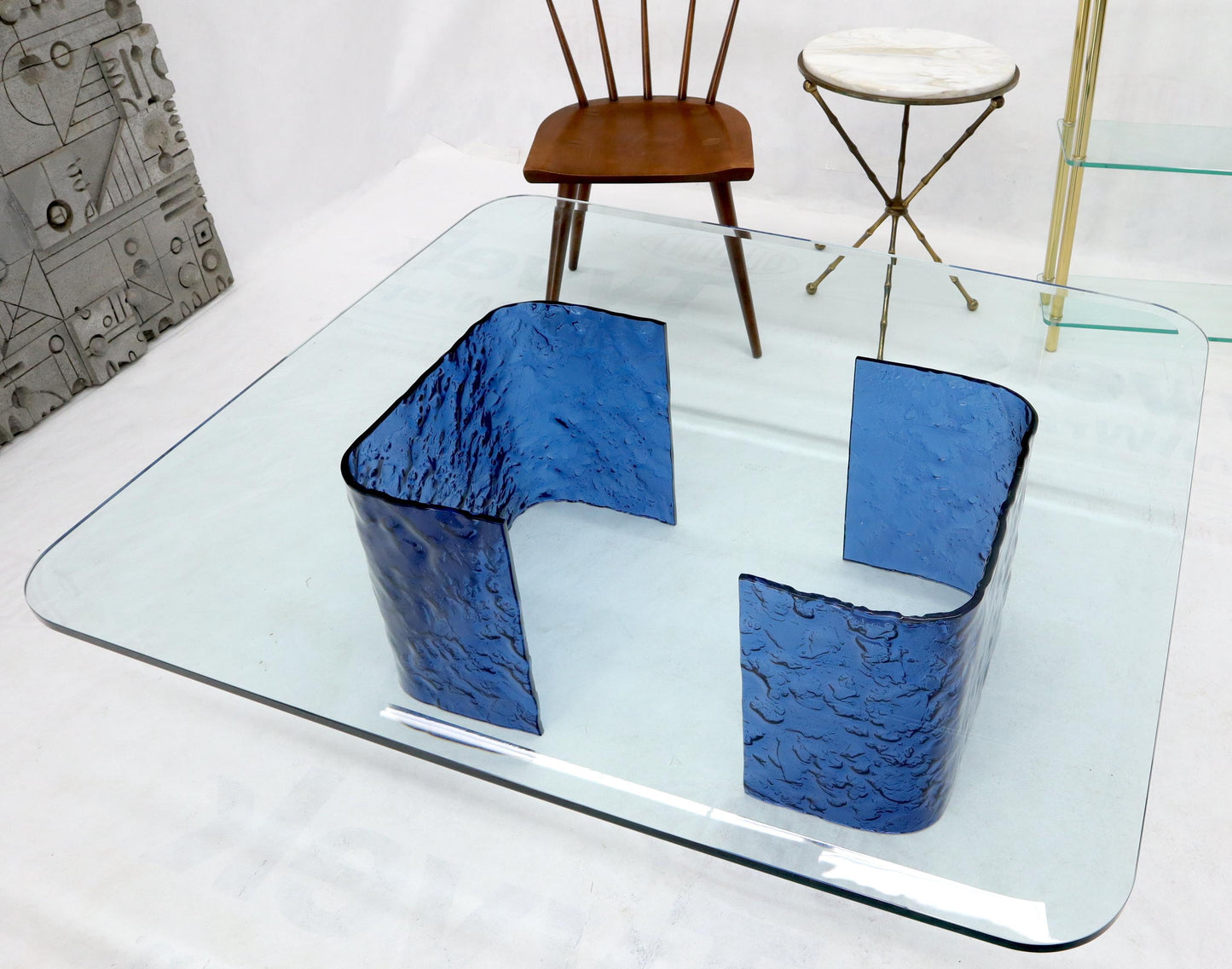 Large Blue Molten & Bent Glass C-Shape Base Glass Top Coffee Table