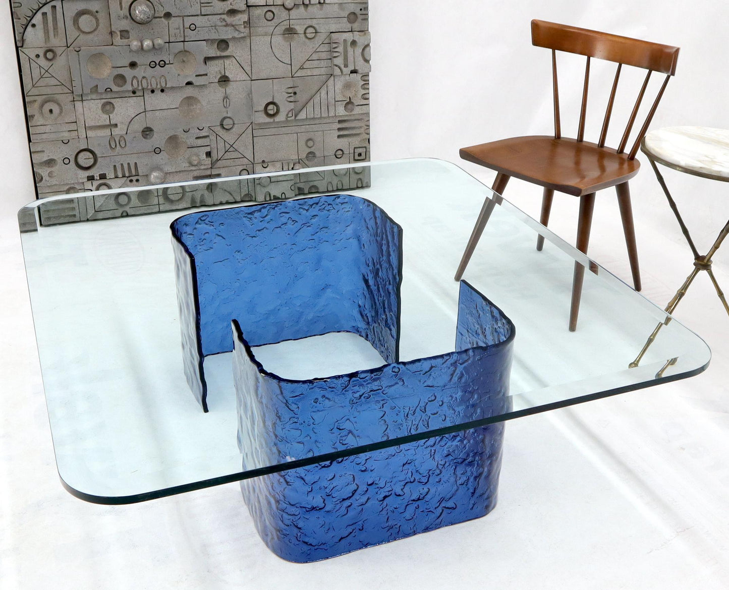 Large Blue Molten & Bent Glass C-Shape Base Glass Top Coffee Table